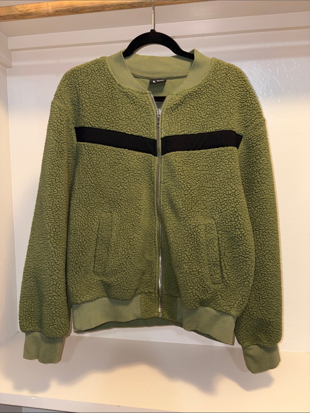 Olive Teddy Jacket with Zip and Contrast Chest Trim